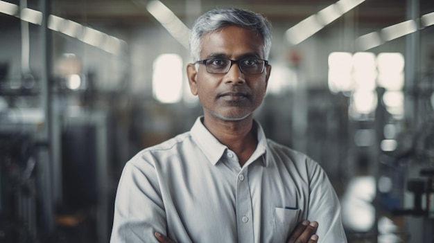 Um trabalhador de fábrica eletrônico indiano sênior sorridente em pé na fábrica
