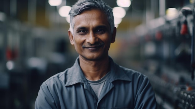 Um trabalhador de fábrica eletrônico indiano sênior sorridente em pé na fábrica