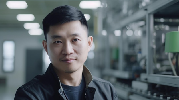 Um trabalhador de fábrica eletrônico masculino chinês sorridente em pé na fábrica