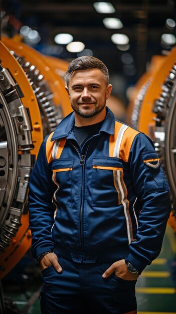 Foto um trabalhador de fábrica está de pé ao lado de um equipamento de fabricação de aço