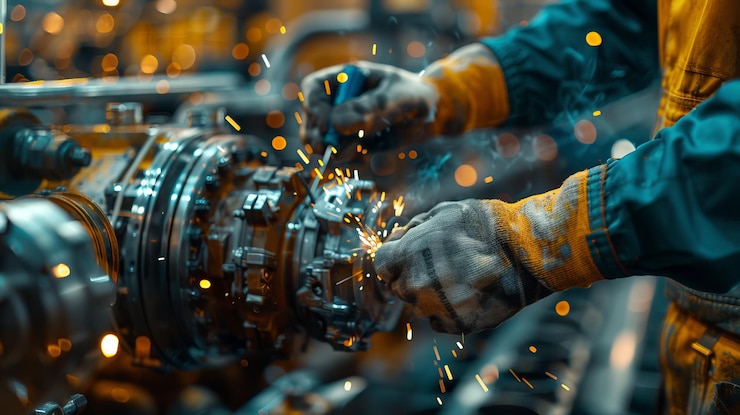 Foto um trabalhador de fábrica qualificado soldando ativamente com faíscas vibrantes voando em torno de uma indústria mal iluminada