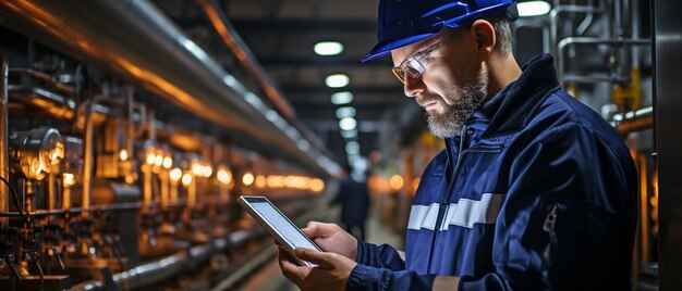 Foto um trabalhador de fábrica usando um computador tablet para inspecionar a linha de produção de uma fábrica de cerveja com reservatórios ou tanques