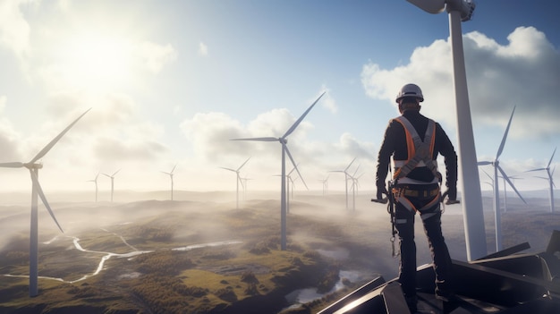 Um trabalhador de pé no topo de uma turbina eólica com um