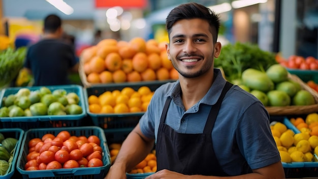 Foto um trabalhador de uma loja de frutas e legumes