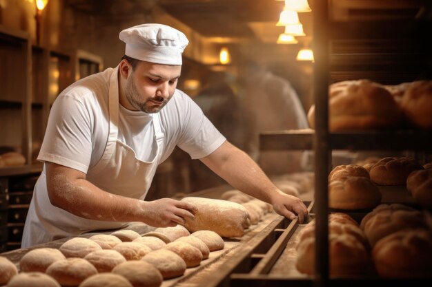 Um trabalhador de uma padaria tira pão fresco do forno Produção industrial