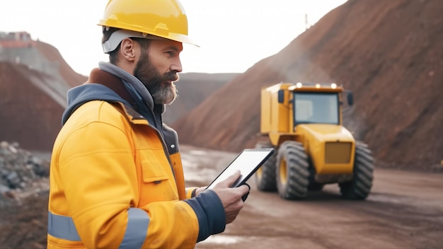 Foto um trabalhador de uniforme e capacete de proteção segura um tablet eletrônico na frente de uma escavadeira em uma caixa de areia generative ai