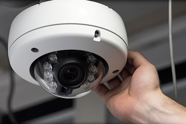 Um trabalhador do serviço de vigilância por vídeo instala uma câmera Generative ai