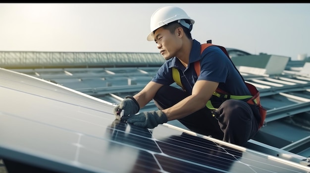 um trabalhador do sexo masculino de uniforme e capacete de proteção monta uma bateria solar Fontes alternativas de energia