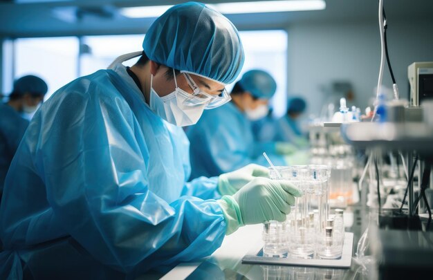 um trabalhador em equipamento de proteção está fazendo um teste para um vírus em uma fábrica de pesquisa