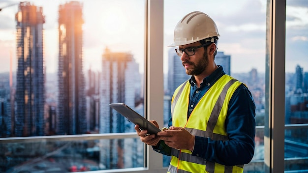 um trabalhador em um colete de construção está olhando para um tablet