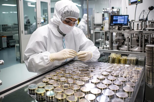 Foto um trabalhador em uma fábrica monta latas de comida