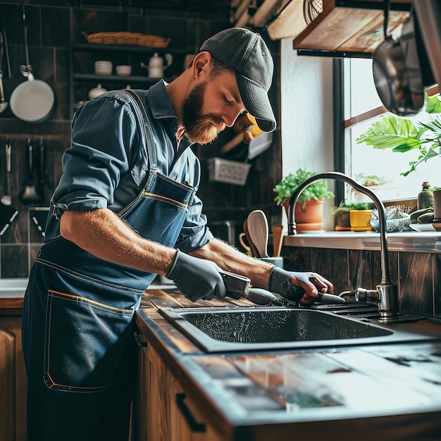 Um trabalhador em uniforme está a limpar uma cozinha entupida.