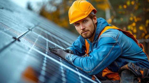 Um trabalhador-engenheiro especialista instala um painel solar para gerar alternativas ambientais