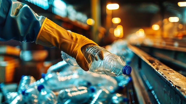 Foto um trabalhador está distribuindo garrafas de plástico em uma fábrica