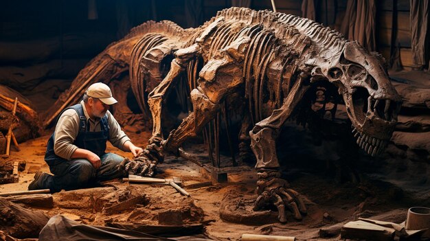 Foto um trabalhador está trabalhando com um grande esqueleto em uma grande exposição