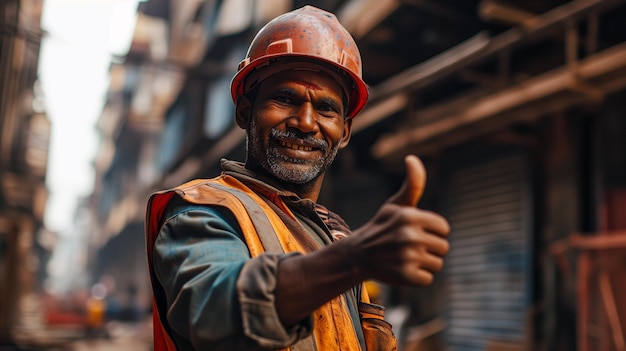 um trabalhador indiano mostrando o polegar no local de construção