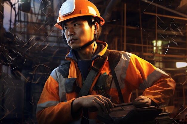 um trabalhador industrial coreano usando colete de segurança e capacete colabora em um projeto