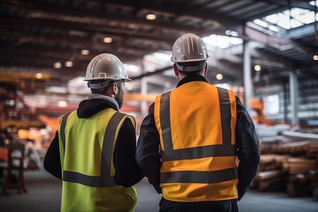 um trabalhador industrial coreano usando colete de segurança e capacete colabora em um projeto