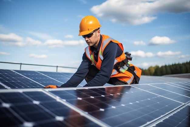 um trabalhador instalando painéis solares em um telhado