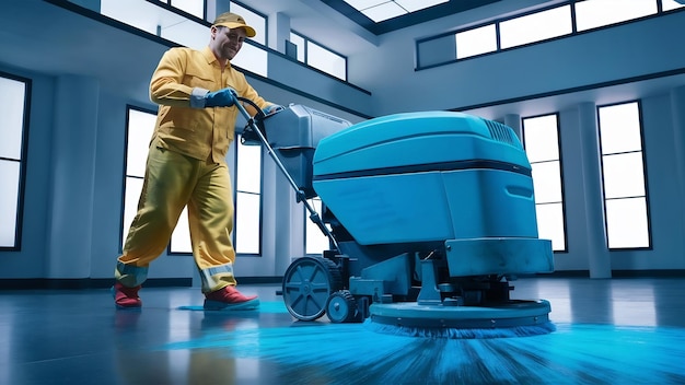 Um trabalhador limpando o chão com a imagem da máquina de esfregão