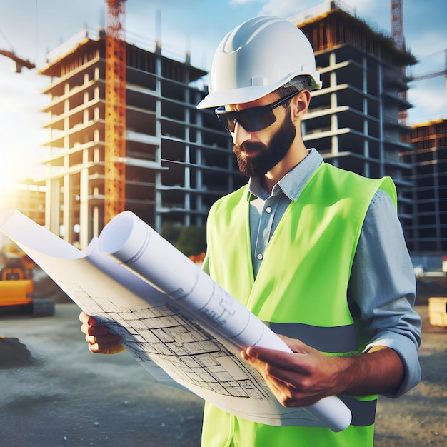 Foto um trabalhador masculino de construção vestindo um chapéu e roupas de alta visibilidade examina um plano