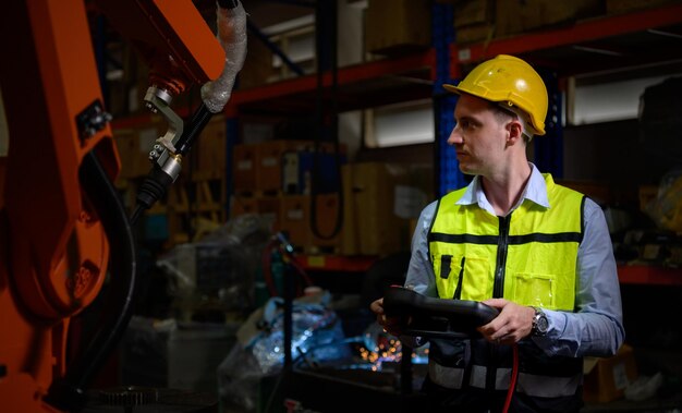 Um trabalhador masculino está controlando um robô de soldagem usando a soldagem forçada com uma tela de controle