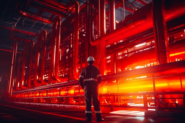 Um trabalhador masculino inspeciona tubos longos de aço e cotovelo de tubos em uma estação de refinaria de petróleo durante o ref de petróleo