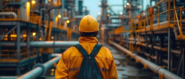 Um trabalhador masculino inspecionando tubos de aço em uma fábrica de refinaria de petróleo Conceito Engenharia Industrial Tubos de Aço Trabalhador de Refinaria de Petróleo Inspeção Setor de Fabricação