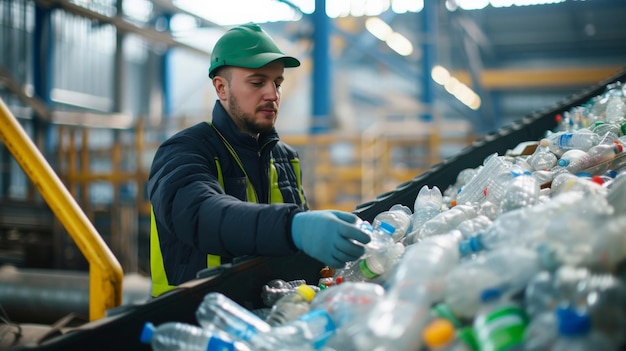 Foto um trabalhador masculino que trabalha em uma fábrica de reciclagem segura garrafas e comprimidos de plástico para se livrar e reciclar garrafas de plástico em uma pequena fábrica de recycling de resíduos