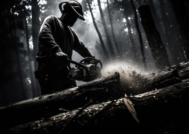 Um trabalhador operando uma motosserra em uma floresta densa cercada por árvores altas A imagem é