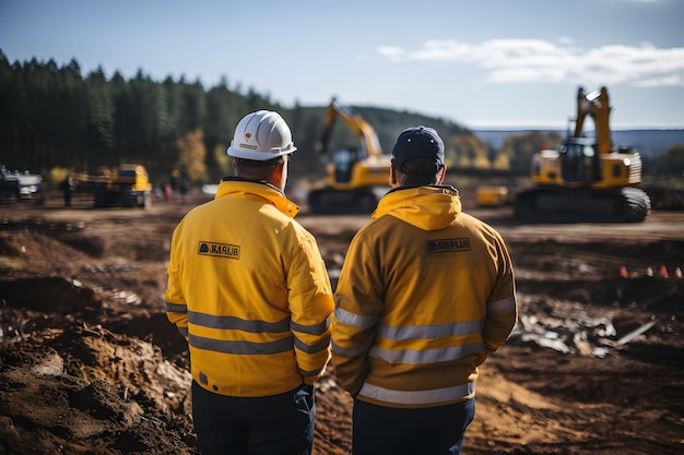 um trabalhador ou engenheiro com um capacete branco com um plano em um local de construção no fundo