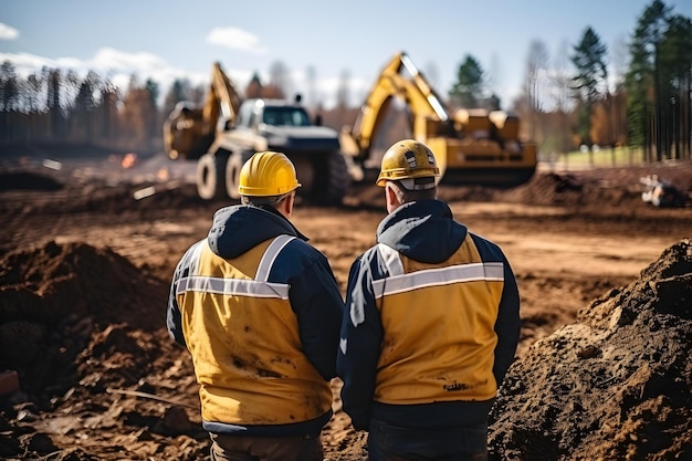 um trabalhador ou engenheiro com um capacete branco com um plano em um local de construção no fundo