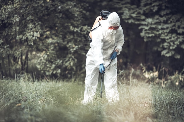 Um trabalhador pulveriza pesticidas em árvores ao ar livre Controle de pragas de árvores