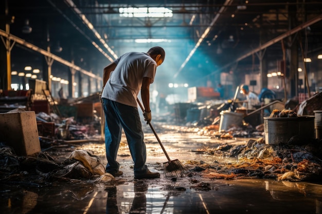 Foto um trabalhador sênior está limpando uma fábrica com uma vassoura