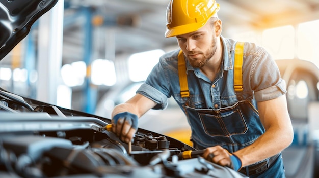 um trabalhador trabalhando em um motor de carro em uma fábrica