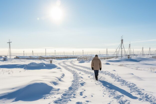 Um trabalho de construção caminha por um campo solar com os painéis solares cobertos de neve