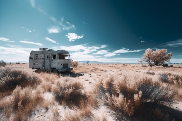Um trailer abandonado fica em um deserto com um céu azul e nuvens ao fundo.