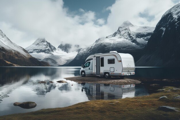 um trailer branco fica no lago com montanhas atrás dele