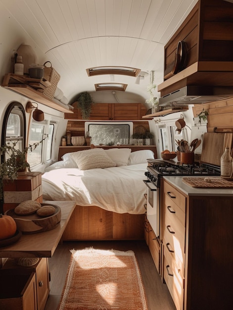 Um trailer com uma cama e uma mesa com uma abóbora.