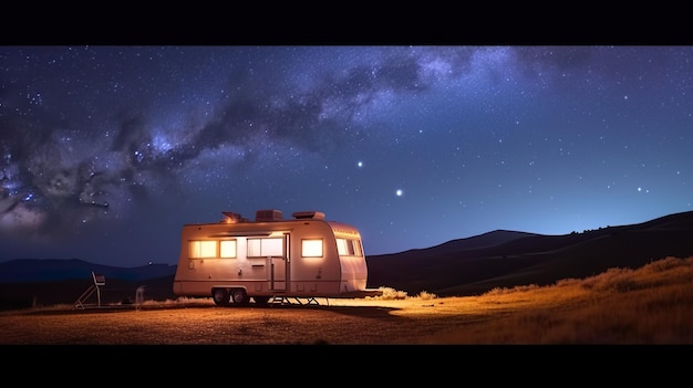 Um trailer estacionado em um campo sob uma imagem generativa de IA do céu estrelado