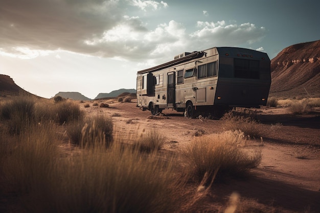 Um trailer no deserto com a palavra rv ao lado