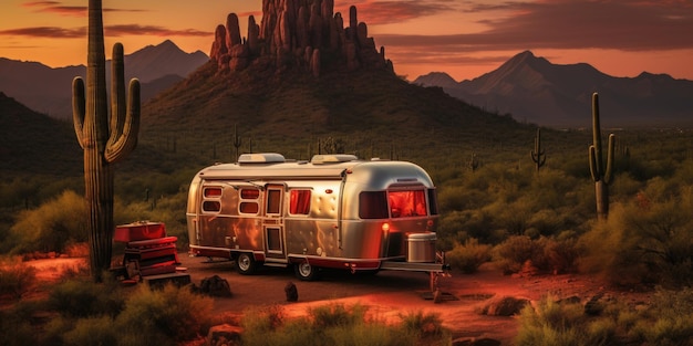 Um trailer prateado estacionado em um deserto com montanhas ao fundo