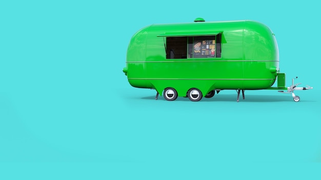 Um trailer verde com um fundo azul que diz 'tiny house' nele