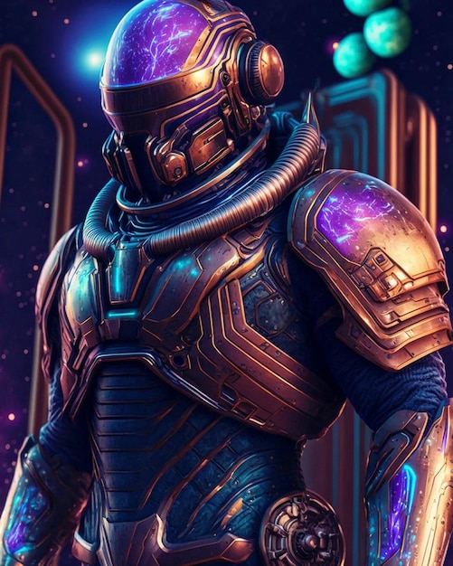 Um traje espacial com um capacete roxo e um capacete roxo.