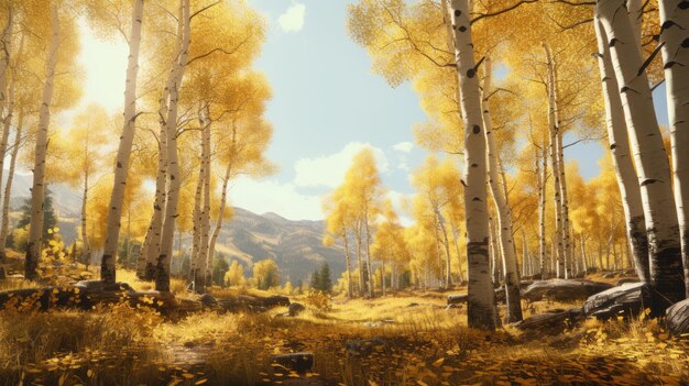 Um tranquilo bosque de abetos com folhas douradas cintilando na luz do sol fotorrealista HD 4K