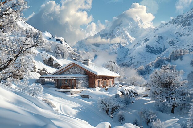 Um tranquilo chalé coberto de neve aninhado nas montanhas