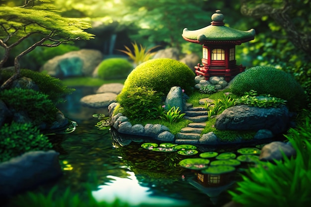 Um tranquilo jardim japonês com uma lagoa de koi com lanternas de pedra e uma vibrante vegetação de verão