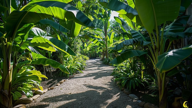 Foto um tranquilo jardim tropical adornado com bananas, um santuário para relaxamento e contemplação.