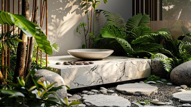 Um tranquilo jardim zen com um pódio de exposição de produtos em forma de mármore