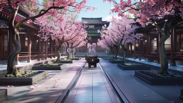 Um tranquilo pátio do templo adornado com árvores de sakura oferecendo um retiro pacífico no meio da agitação da vida da cidade